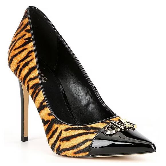 NEW MICHAEL Michael Kors Parker Tiger Print Calf Hair and Leather High Heel Pump - Picture 1 of 13